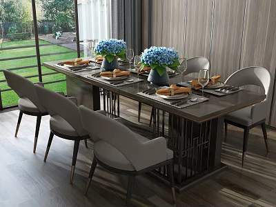Modern Dining Table Set With Gray Chairs Blue Hydrangeas And Garden View Through Windows 3d model
