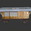Vintage Wooden Trailer Featuring Curved Roof Windows Decorative Details And Wheels