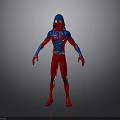3D Superhero Character Model In Red Blue Spider Suit With Web Pattern Standing Pose