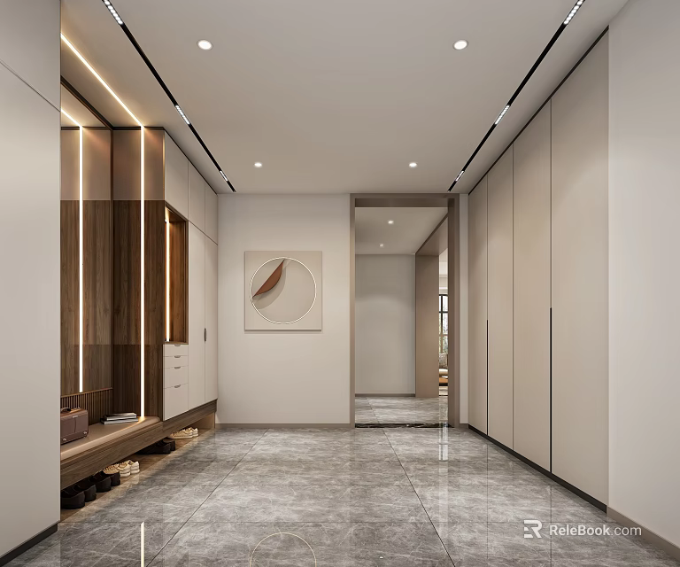 Modern Elevator Hallway With Lighting Art And Cabinets 3d model 