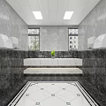 Public Toilet Interior With Multiple Stalls Sink Gray Marble Walls And Tiled Floor