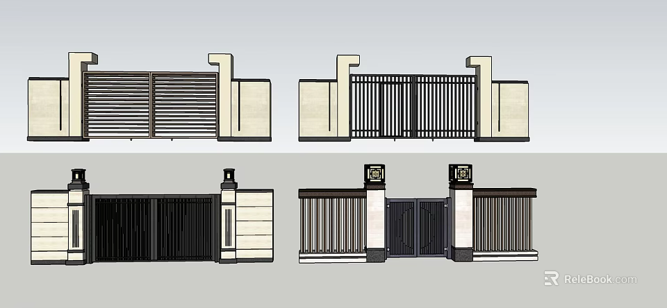 Various Entrance Gate Designs With Metal Fences Stone Pillars And Decorative Panels 3d model 