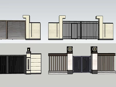Various Entrance Gate Designs With Metal Fences Stone Pillars And Decorative Panels 3d model