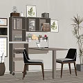 Modern Desk Interior With Bookshelf Chairs Table Lamp Laptop And Decorative Prints