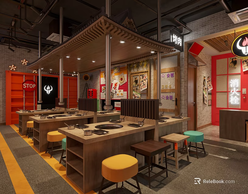 Traditional Chinese Hunan Restaurant Interior With Wooden Tables Colorful Stools And Red Decor Elements 3d model 