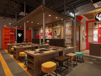Traditional Chinese Hunan Restaurant Interior With Wooden Tables Colorful Stools And Red Decor Elements 3d model
