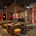Traditional Chinese Hunan Restaurant Interior With Wooden Tables Colorful Stools And Red Decor Elements