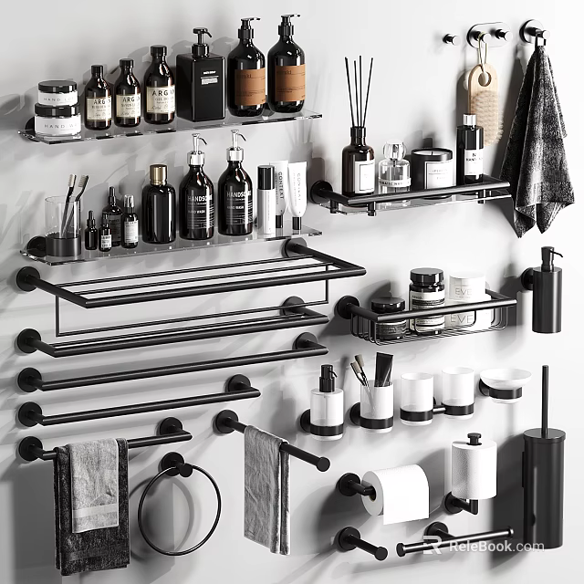 Modern Minimalist Bathroom Accessories With Black Wall Mounted Shelves Towel Racks And Toiletries 3d model 