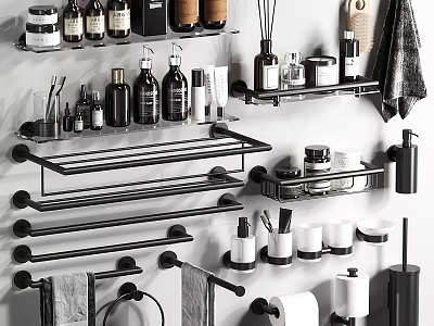 Modern Minimalist Bathroom Accessories With Black Wall Mounted Shelves Towel Racks And Toiletries 3d model