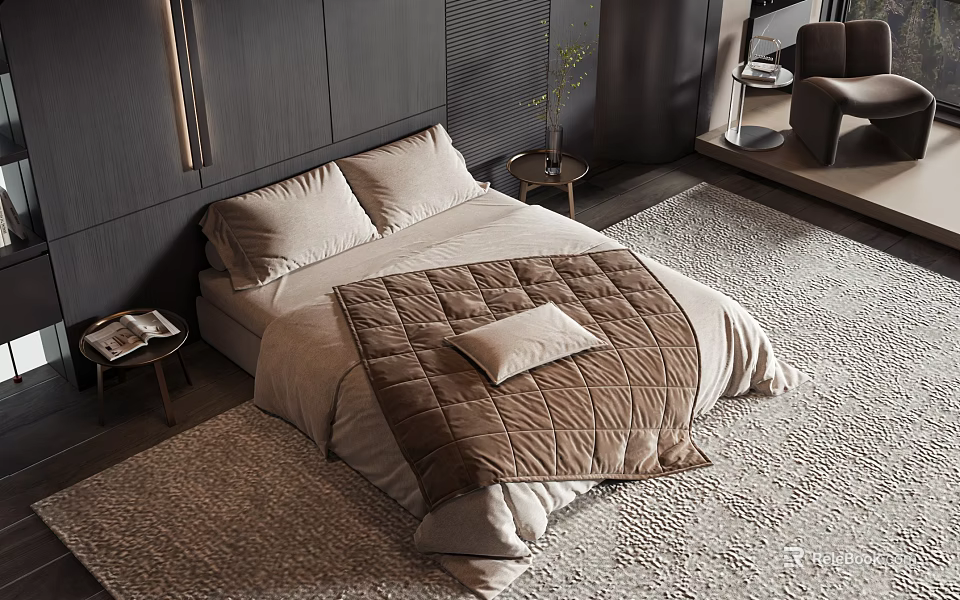 Elegant Double Bed With Soft Beige Quilt Matching Pillows And Rugs 3d model 