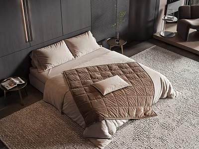 Elegant Double Bed With Soft Beige Quilt Matching Pillows And Rugs 3d model