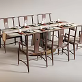 Classic Wooden Dining Table Set With Six Matching Chairs And Tableware 3d model
