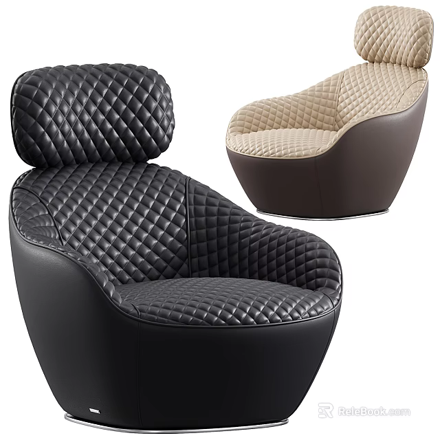 Stylish Single Sofa Black And Beige Leather With Quilted Pattern And Rounded Design 3d model
