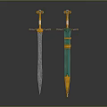 Two Ornate Swords with Silver Blades Green Accents and Golden Decorative Handles