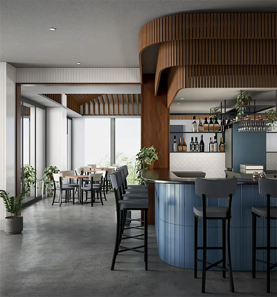 Modern Bar Interior Design With Blue Counter Stools Plants And Wine Bottles 3d model