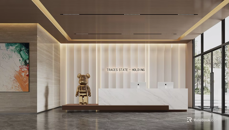 Modern Reception Desk With White Marble Counter Golden Bear Sculpture And Illuminated Vertical Wall 3d model 