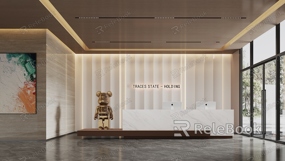 Modern company front desk office area reception area front desk background wall painting violent bear model