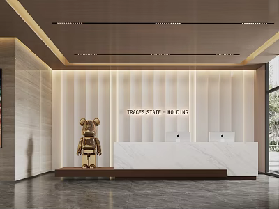 Modern Reception Desk With White Marble Counter Golden Bear Sculpture And Illuminated Vertical Wall 3d model