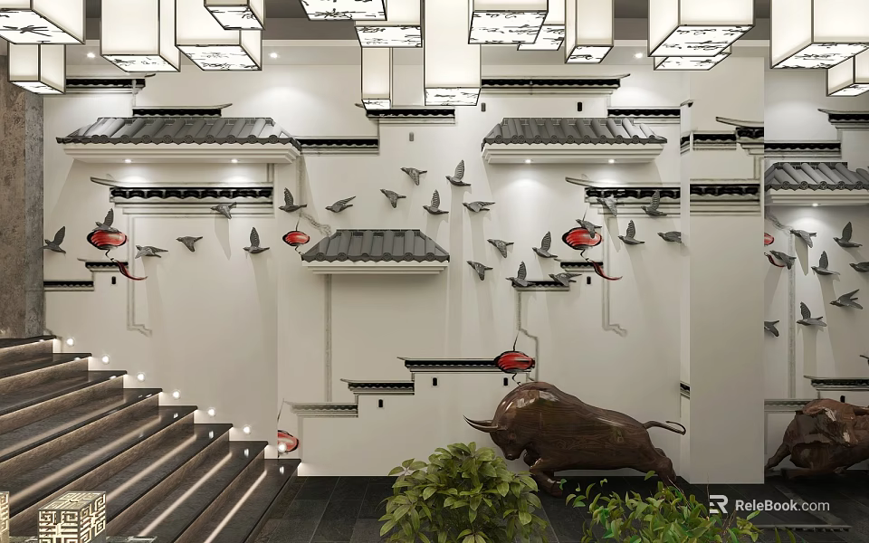 Traditional Chinese Interior Decor Featuring Classic Eaves Red Lanterns Bull Sculpture Staircase And Green Plants 3d model 