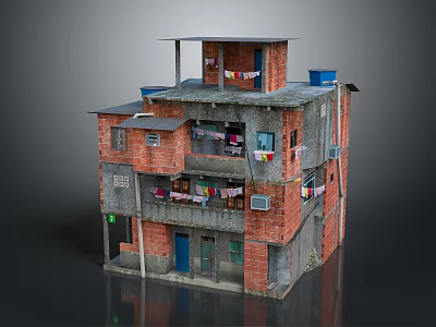 Multi Story Red Brick Residential Building With Balconies And Hanging Clothes 3d model