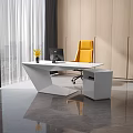 Modern White Geometric Office Desk With Black Mac Computer Yellow Flower Vase And Yellow Chair