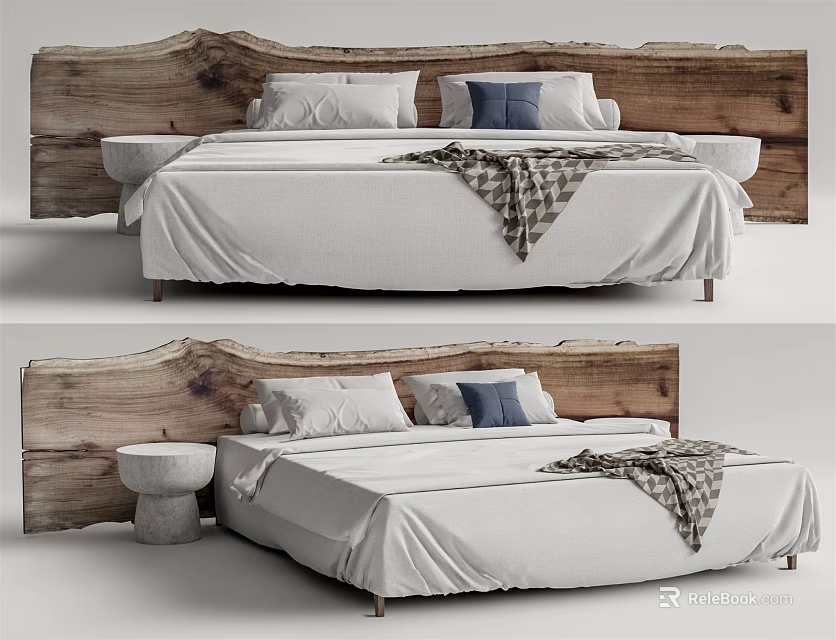 Double Bed With Rustic Wooden Headboard White Bedspread Blue Pillows Plaid Blanket And Small Stool 3d model 