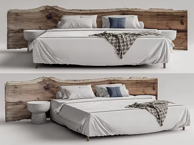 Double Bed With Rustic Wooden Headboard White Bedspread Blue Pillows Plaid Blanket And Small Stool 3d model