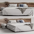 Double Bed With Rustic Wooden Headboard White Bedspread Blue Pillows Plaid Blanket And Small Stool
