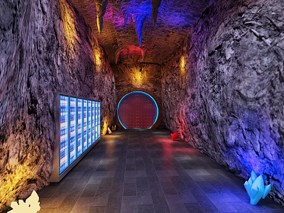 Hotel Passageway With Rock Textured Walls Colorful Lighting And Circular Glowing Archway 3d model