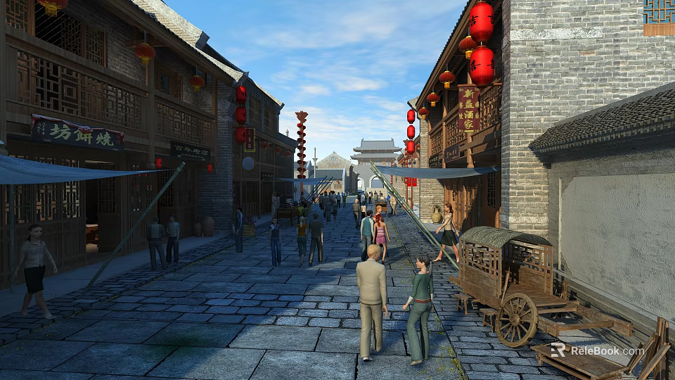 Ancient Commercial Street With Traditional Buildings Red Lanterns Stone Pavement And Pedestrians 3d model 
