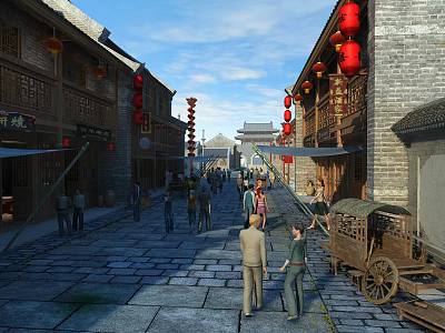 Ancient Commercial Street With Traditional Buildings Red Lanterns Stone Pavement And Pedestrians 3d model
