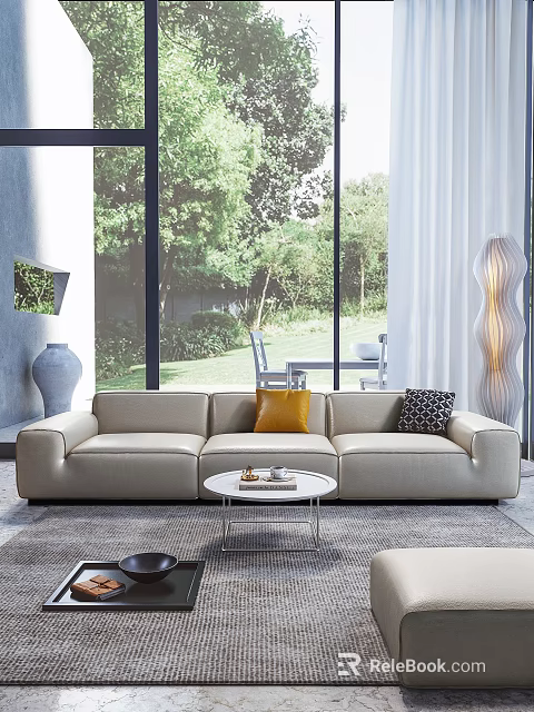 Modern Beige Sofa and Round Coffee Table Set with Decorative Pillows Large Windows Garden View 3d model 