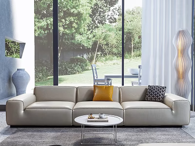 Modern Beige Sofa and Round Coffee Table Set with Decorative Pillows Large Windows Garden View 3d model