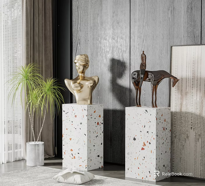 Artistic Bust And Horse Sculptures On Concrete Pedestals With Wooden Wall And Potted Plant 3d model 