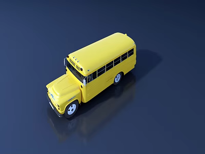 Yellow School Bus Model Display on Dark Blue Background With Reflection 3d model