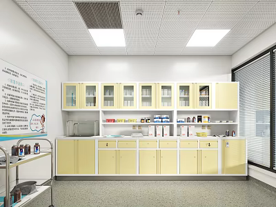 Medical Storage Room Interior Featuring Yellow Cabinets Medical Supplies And Wall Chart 3d model