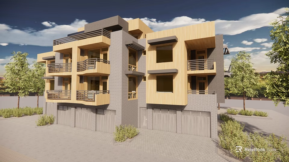 Modern Single Family Home Exterior Design With Wooden Gray Facade Balconies Garage And Greenery 3d model 