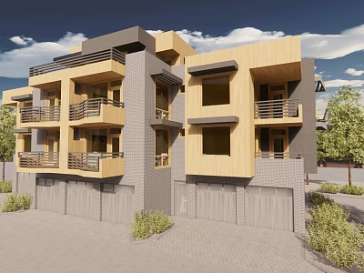 Modern Single Family Home Exterior Design With Wooden Gray Facade Balconies Garage And Greenery 3d model