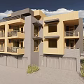 Modern Single Family Home Exterior Design With Wooden Gray Facade Balconies Garage And Greenery