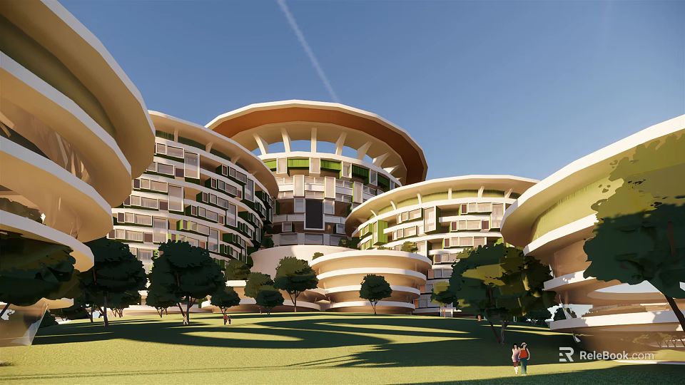 Modern Museum Building Design With Unique Curved Structures And Green Lawn Areas 3d model 