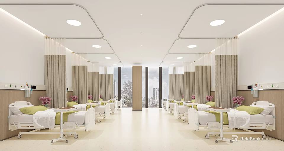 Spacious Hospital Outpatient Clinic Interior With White Beds Green Headboards Curtains Windows And Ceiling Lights 3d model 