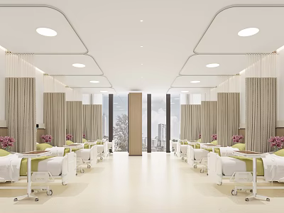 Spacious Hospital Outpatient Clinic Interior With White Beds Green Headboards Curtains Windows And Ceiling Lights 3d model