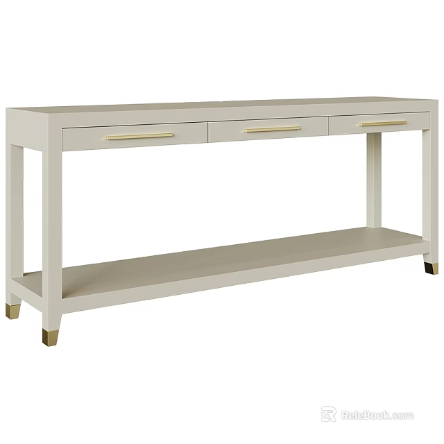 White Console Table With Three Drawers Golden Handles And Open Shelf 3d model