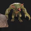 Green Monster Game Movie Character With Large Ears Red Eyes Sharp Teeth Holding Giant Club