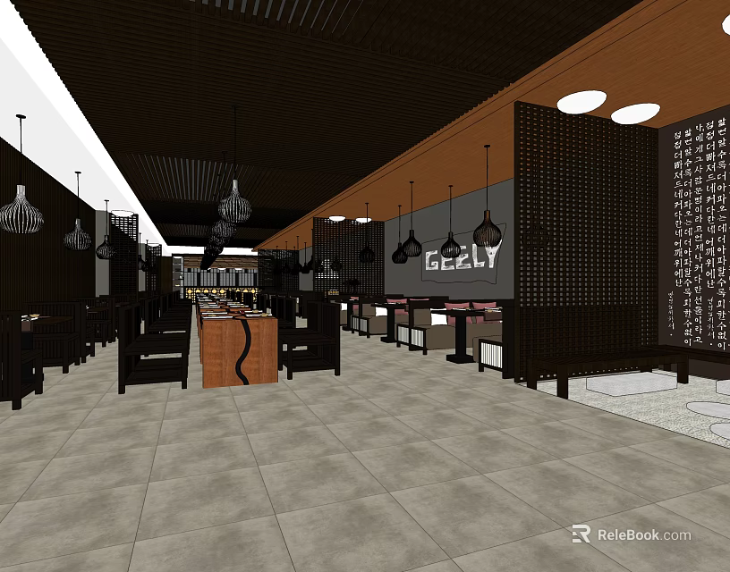 Modern Restaurant Interior With Hanging Lamps Wooden Ceiling Partition Screens And Tile Floor 3d model 