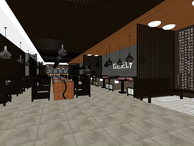 Modern Restaurant Interior With Hanging Lamps Wooden Ceiling Partition Screens And Tile Floor 3d model