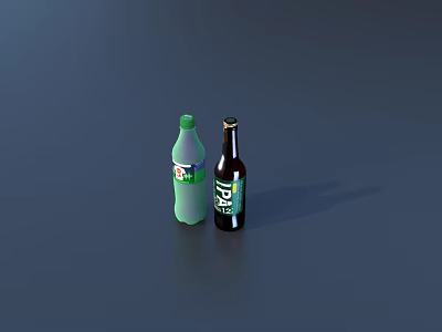 Two Refreshing Beverage Bottles Green Plastic And Dark Glass On Dark Background 3d model