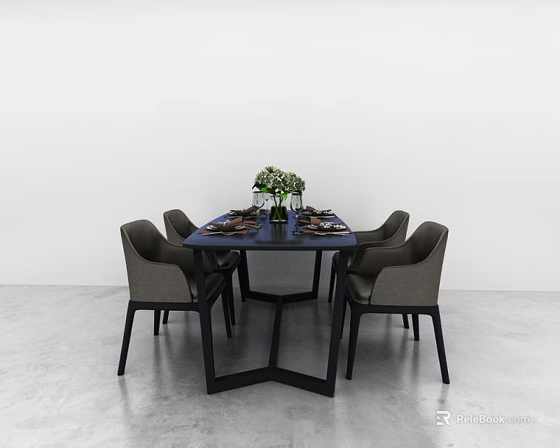 Modern Dining Table Set With Six Chairs Floral Centerpiece And Tableware 3d model