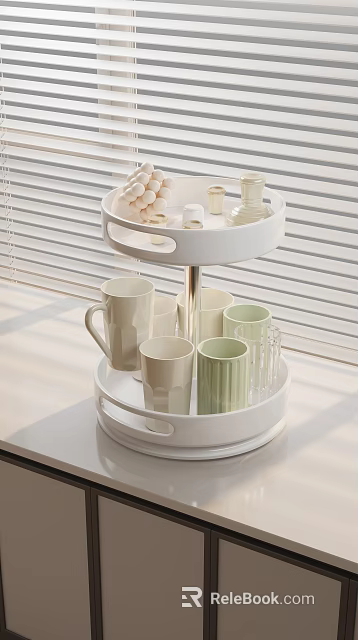 White Double Layer Storage Rack With Mugs And Glasses Near Window 3d model 