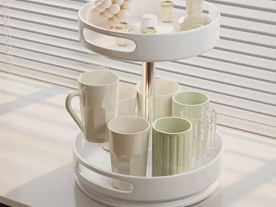 White Double Layer Storage Rack With Mugs And Glasses Near Window 3d model